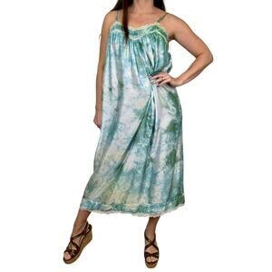 Vintage Hand Dyed Lounge Dress Green Blue Upcycled Maxi Slip Dress L/XL